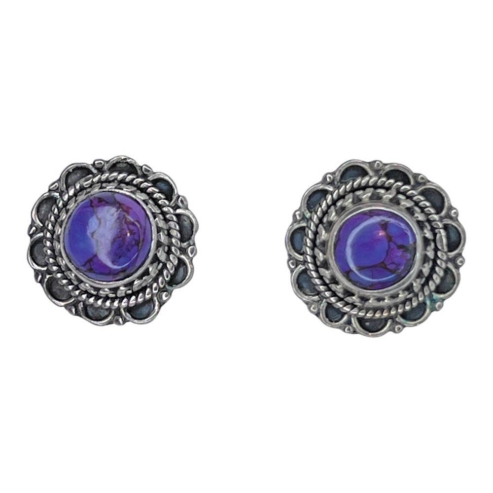 925 Sterling Silver Purple Turquoise Stud Earrings Southwestern Boho Floral